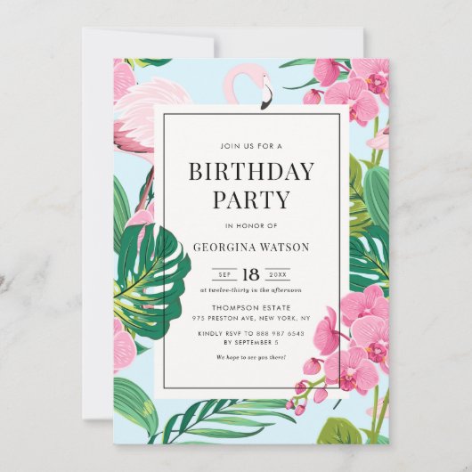 Roze Flamingo and Orchids Tropical Birthday Party Kaart (Voorkant)