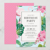 Roze Flamingo and Orchids Tropical Birthday Party Kaart (Voorkant / Achterkant)
