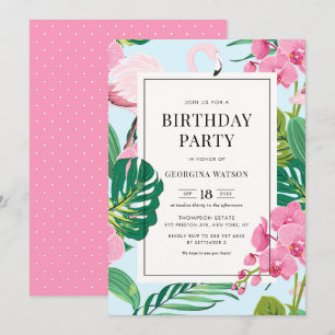 Roze Flamingo and Orchids Tropical Birthday Party Kaart