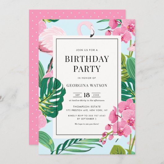 Roze Flamingo and Orchids Tropical Birthday Party Kaart (Voorkant / Achterkant)