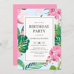 Roze Flamingo and Orchids Tropical Birthday Party Kaart