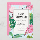 Roze Flamingo and Orchids Tropisch Baby shower Kaart (Voorkant / Achterkant)