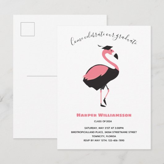 Roze Flamingo Animal Afstuderen Uitnodiging Briefkaart (Voorkant / Achterkant)