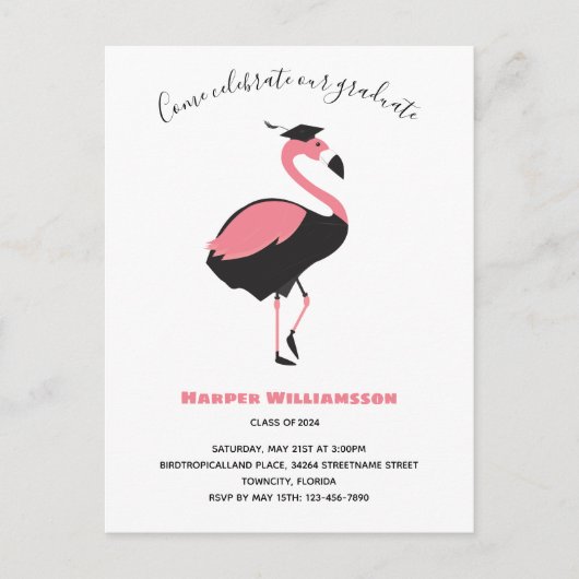Roze Flamingo Animal Afstuderen Uitnodiging Briefkaart (Voorkant)