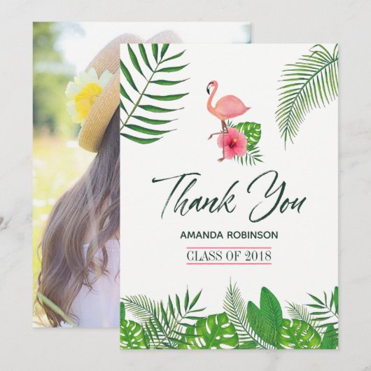 Roze Flamingo Aquarel Luau Afstudeer Dank Je Aankondiging (Voorkant / Achterkant)