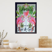Roze Flamingo Bar & grill Beach Poster Waterverf (Keuken)