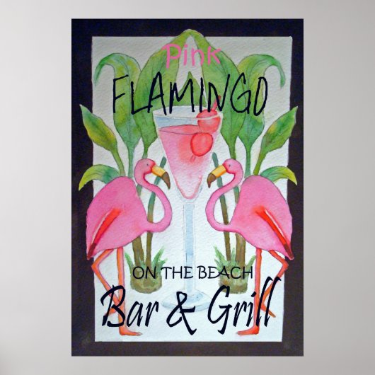 Roze Flamingo Bar & grill Beach Poster Waterverf (Voorkant)