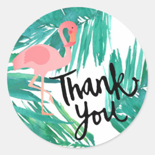 roze flamingo bedankt op tropische bladeren ronde sticker