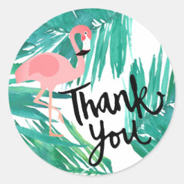 roze flamingo bedankt op tropische groene bladeren ronde sticker