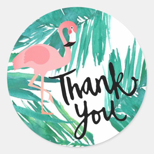 roze flamingo bedankt op tropische groene bladeren ronde sticker (Voorkant)