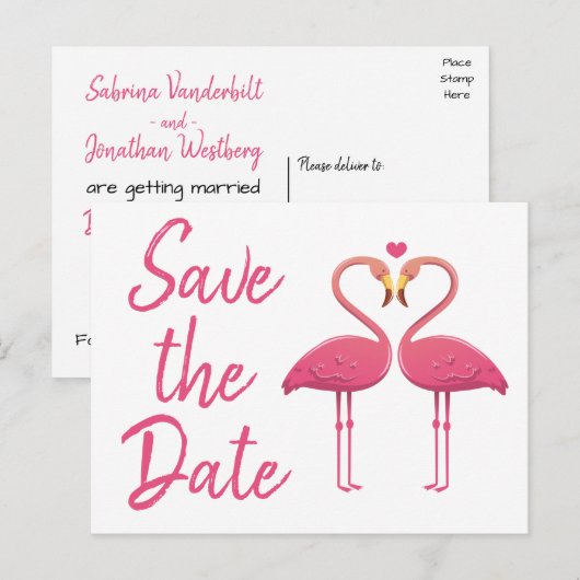 Roze Flamingo Bewaar de datum Verloving bruiloft Aankondigingskaart (Voorkant / Achterkant)