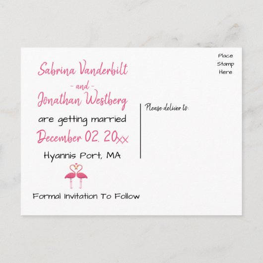 Roze Flamingo Bewaar de datum Verloving bruiloft Aankondigingskaart (Achterkant)