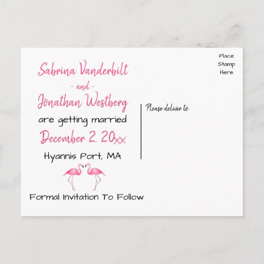 Roze Flamingo Bewaar de datum Verloving bruiloft Aankondigingskaart (Achterkant)