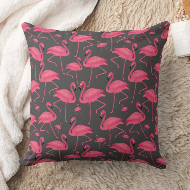 Roze Flamingo Bird Waterverf op donkergrijs ontwer Kussen (Deken)