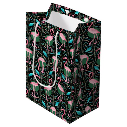 Roze Flamingo Birds 20s Deco Pattern Ferns Black Medium Cadeauzakje (Voorkant Gekanteld)