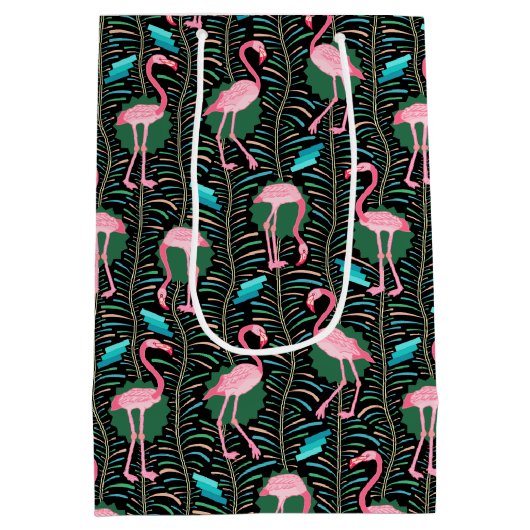 Roze Flamingo Birds 20s Deco Pattern Ferns Black Medium Cadeauzakje (Achterkant)