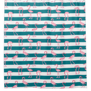 Roze Flamingo Birds Turquoise White Stripe Pattern Douchegordijn