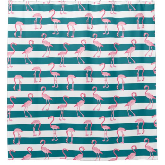 Roze Flamingo Birds Turquoise White Stripe Pattern Douchegordijn (Voorkant)