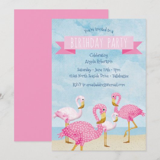 Roze Flamingo Birthday Party Kaart (Voorkant / Achterkant)