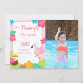 Roze Flamingo Birthday-uitnodigingen met foto Kaart (Voorkant)