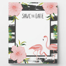 Roze Flamingo Black en White Stripe Save Date