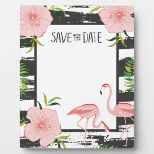Roze Flamingo Black en White Stripe Save Date Fotoplaat