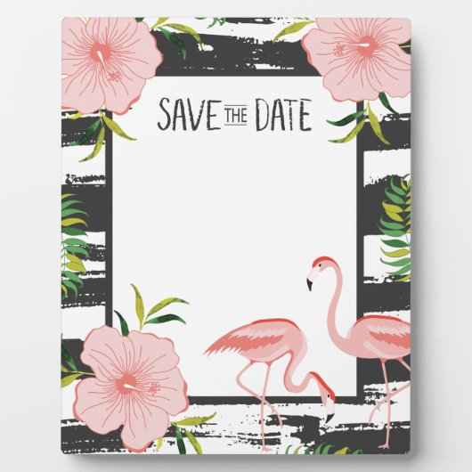 Roze Flamingo Black en White Stripe Save Date Fotoplaat (Voorkant)