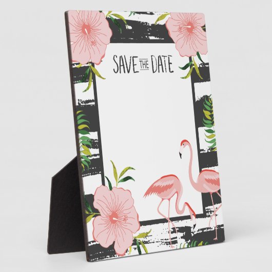 Roze Flamingo Black en White Stripe Save Date Fotoplaat (Zijkant)