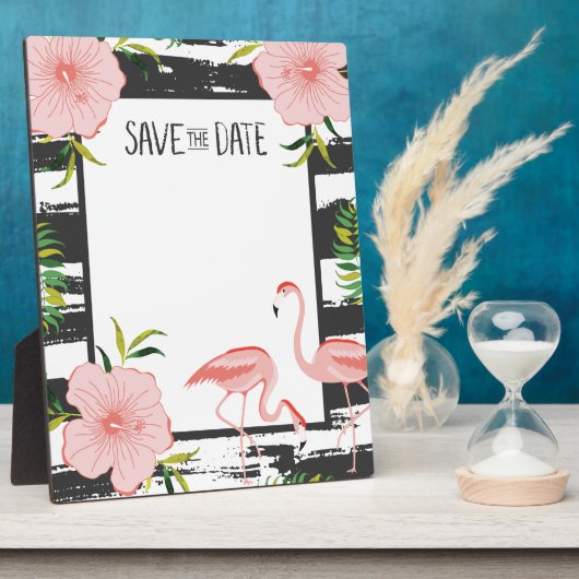 Roze Flamingo Black en White Stripe Save Date Fotoplaat (Zijkant)