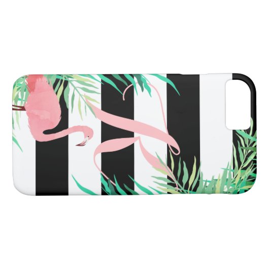 Roze Flamingo & Black Stripes, monogrammen Case-Mate iPhone Case (Achterkant (Horizontaal))