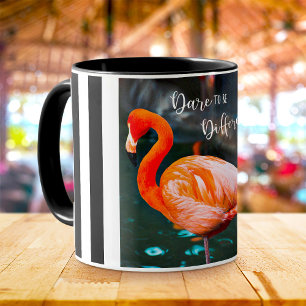 Roze Flamingo Black White Stripes Dare Quote Mok
