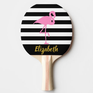 Roze Flamingo Black & White Stripes Gold Script Tafeltennisbatje