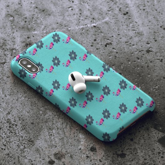 roze Flamingo & blauw bloempatroon op blauwgroen Case-Mate iPhone Case