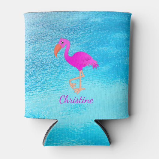 Roze flamingo blauw zee monogram blikjeskoeler (Voorkant)