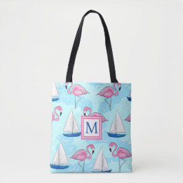 Roze Flamingo Blauw Zeilboot Preppy Monogram Tote Bag