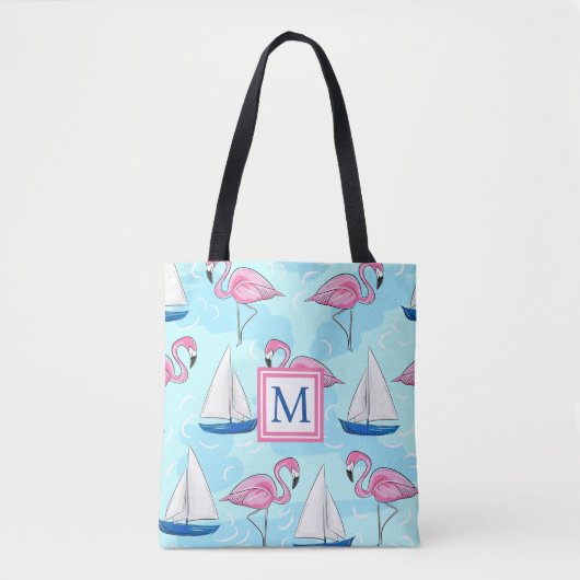 Roze Flamingo Blauw Zeilboot Preppy Monogram Tote Bag (Voorkant)