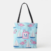 Roze Flamingo Blauw Zeilboot Preppy Monogram Tote Bag (Achterkant)