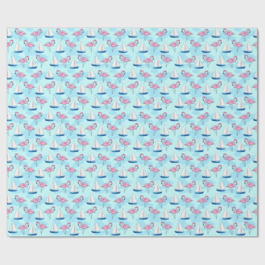 Roze Flamingo Blauwe Zeilboot Preppy Cadeaupapier (Vlak)