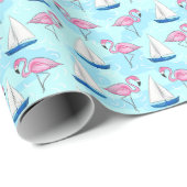 Roze Flamingo Blauwe Zeilboot Preppy Cadeaupapier (Rol Hoek)
