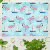 Roze Flamingo Blauwe Zeilboot Tropisch Scheepvaart Theedoek (Gevouwen)