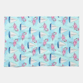 Roze Flamingo Blauwe Zeilboot Tropisch Scheepvaart Theedoek