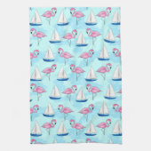 Roze Flamingo Blauwe Zeilboot Tropisch Scheepvaart Theedoek (Verticaal)