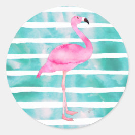 Roze Flamingo Blauwgroen Blauwe Stripes Modern Ronde Sticker