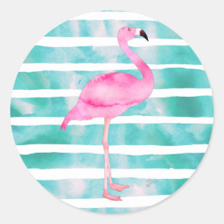Roze Flamingo Blauwgroen Blauwe Stripes Modern Ronde Sticker