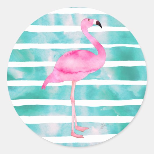 Roze Flamingo Blauwgroen Blauwe Stripes Modern Ronde Sticker (Voorkant)
