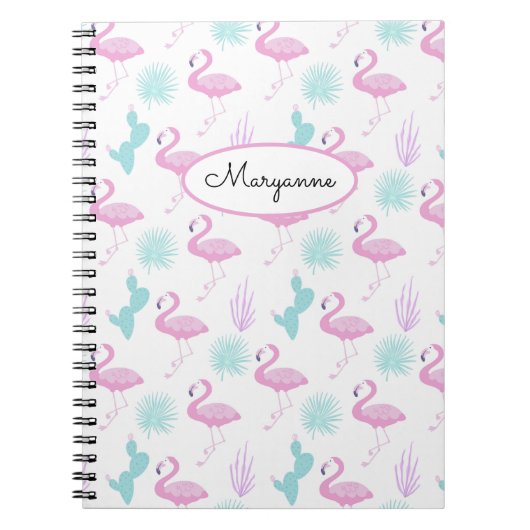 Roze Flamingo Blauwgroen Cactus Personaliseer Naam Notitieboek (Voorkant)