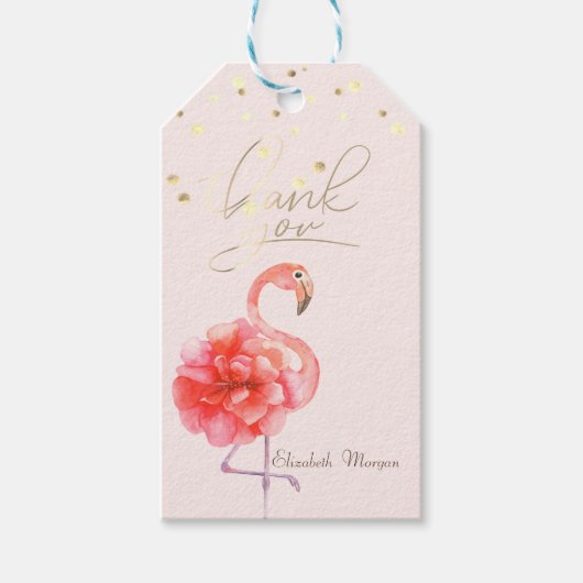 Roze Flamingo Bloem, Gouden Confetti Cadeaulabel (Voorkant)