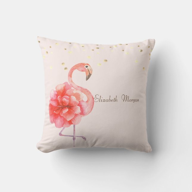 Roze Flamingo Bloem, Gouden Confetti Kussen (Voorkant)