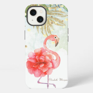 Roze Flamingo Bloem,Gouden Confetti Palmblad iPhone 13 Hoesje