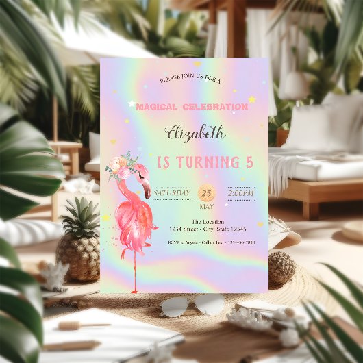 Roze Flamingo Bloem, Holografische Verjaardag Kaart